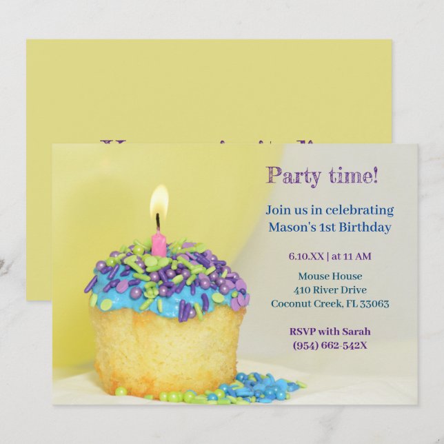 Balloon jaune bleu cupcake Anniversaire Invitation (Devant / Derrière)