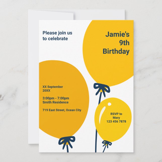 Balloon jaune moderne 9e carte d'invitation d'anni (Devant)