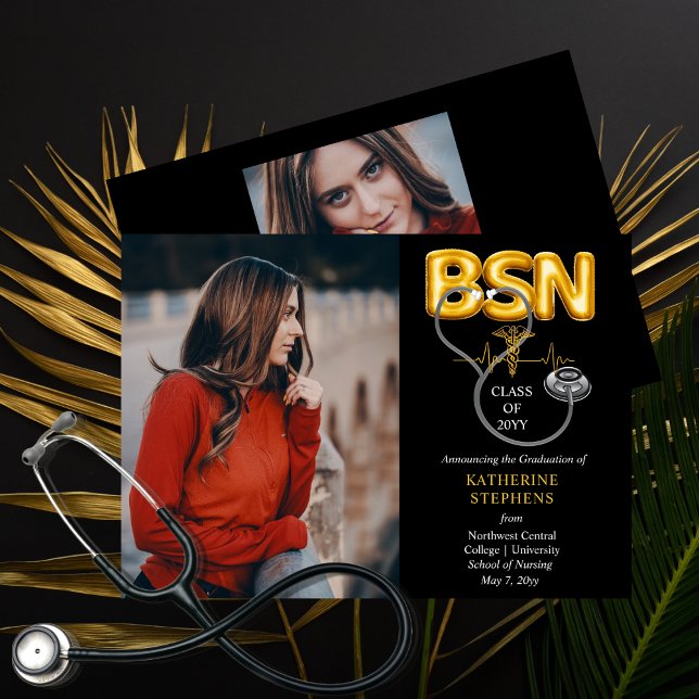 Balloon Letters BSN Caduceus Stethoscope Grad Announcement (Balloon Letters "BSN" Caduceus Nurse Photo and Stethoscope Graduation Announcement -Print | Download)