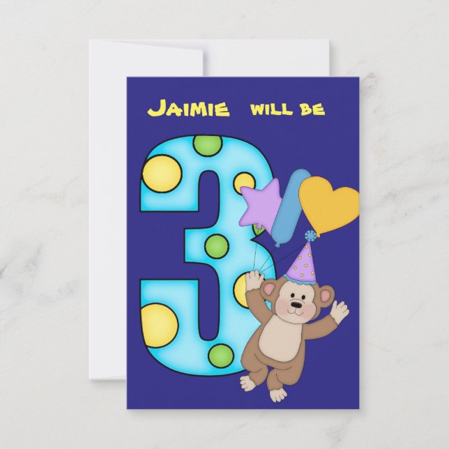 Balloon Monkey 3e anniversaire de fête Invitation (Devant)