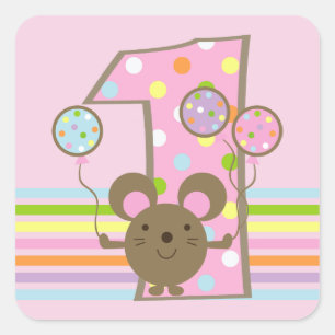 Balloon Mouse on Pink 1st Birthday Square Stickers