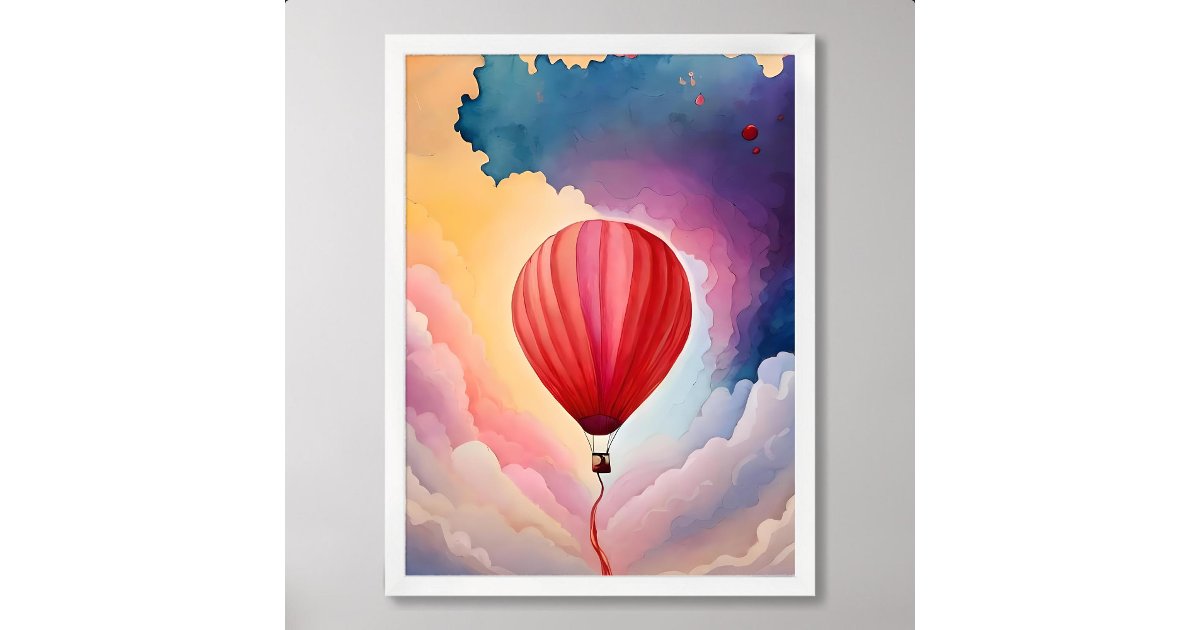 balloon painting hot air colourful cloud watercolo poster | Zazzle