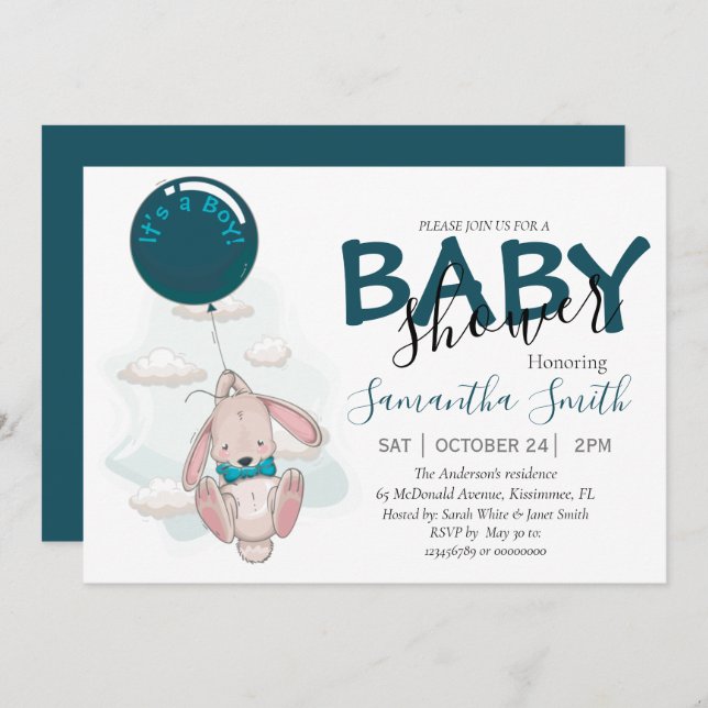 Balloon Rabbit Boy  Baby Shower  Announcement (Front/Back)