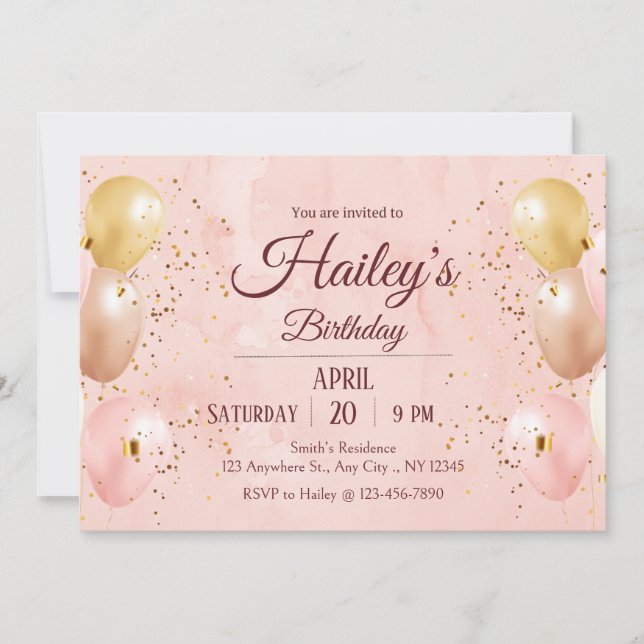 Balloon rose Invitation de fête d'anniversaire (Devant)