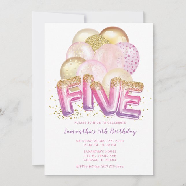 Balloon rose violet or 5e anniversaire Invitation (Devant)