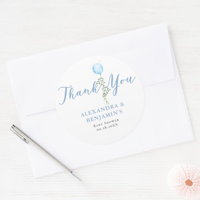 Balloon Soft Greenery Dusty Blue Boy Baby Shower Classic Round Sticker (Envelope)