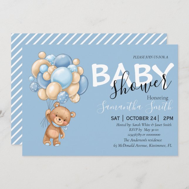 Balloon Teddy Ours Bleu Bébé Douche Invitations (Devant / Derrière)