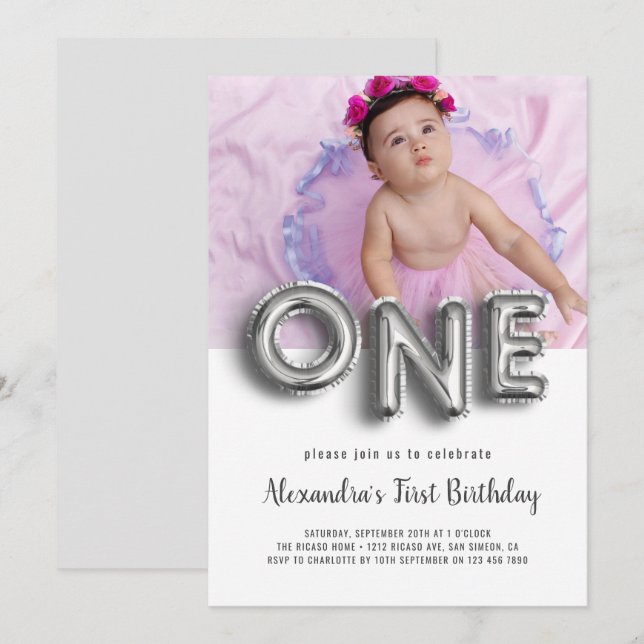 Balloon Text First Birthday Photo Personalized Invitation (Front/Back)