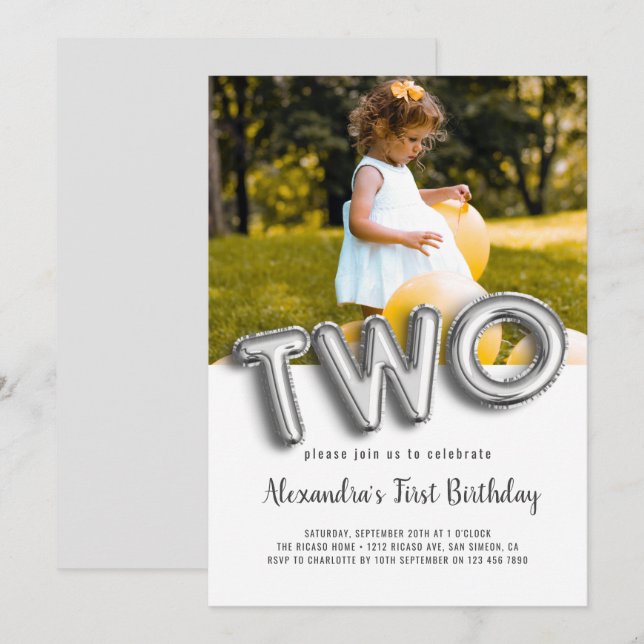 Balloon Text Second Birthday Photo Personalized Invitation (Front/Back)