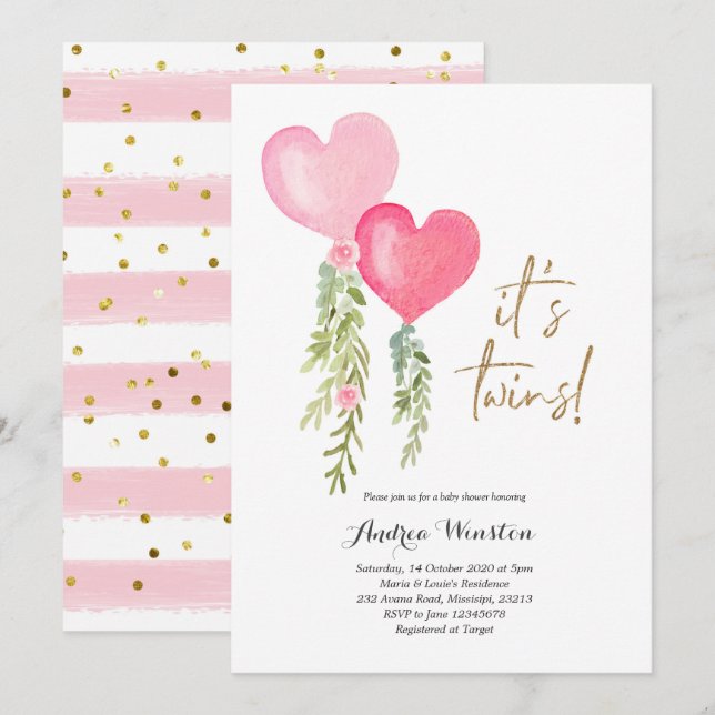 Balloon Twin Girl Baby Shower Invitation (Front/Back)