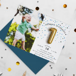 Balloon Type | Photo First Birthday Party Invite<br><div class="desc">Adorable party invitation's for your little one's first birthday party feature a gold "1" balloon on a background of gold, rose gold and black confetti dots. Personalize with your one year old's birthday party details in black lettering, and add a favourite photo of the birthday boy on the left side....</div>
