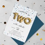 Balloon Type | Second Birthday Party Invitation<br><div class="desc">Adorable party invitation's for your little one's second birthday feature "TWO" spelled out in gold balloons,  on a background of blue confetti. Personalize with your second birthday party details in a combo of whimsical and modern lettering. Invitations reverse to solid marine blue.</div>