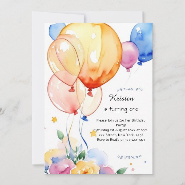 Balloon Watercolor Birthday Invitation (Front)