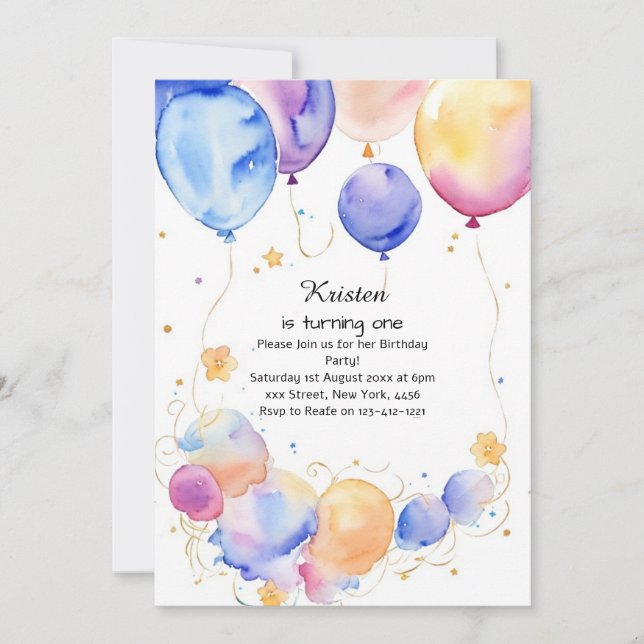Balloon Watercolor Birthday Invitation (Front)