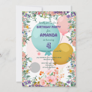 Balloon watercolor gradient floral Birthday Party Invitation