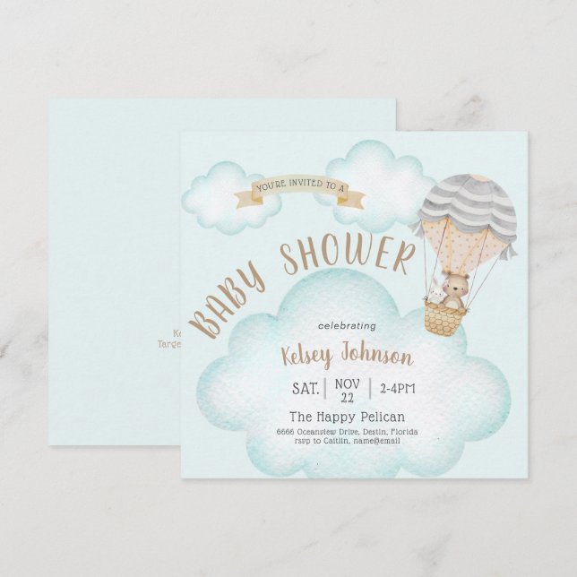 Balloon Woodland Teddy Bear Baby Shower Invitation (Front/Back)