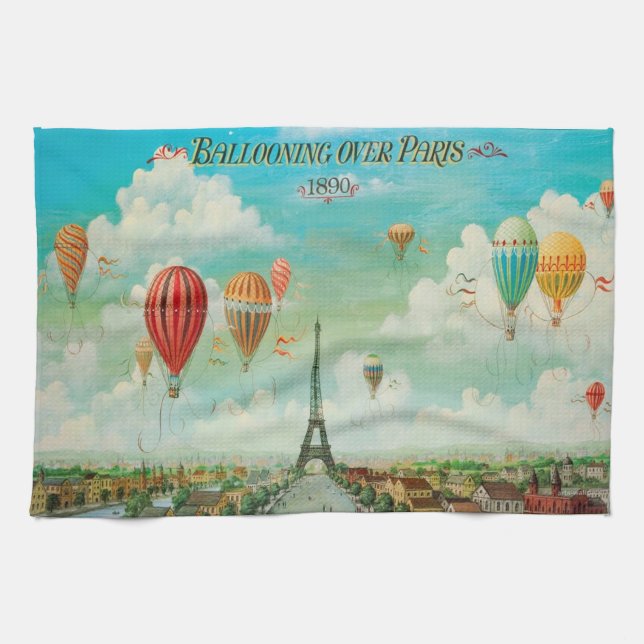 Ballooning Over Paris Vintage Travel Art Kitchen Towel (Horizontal)