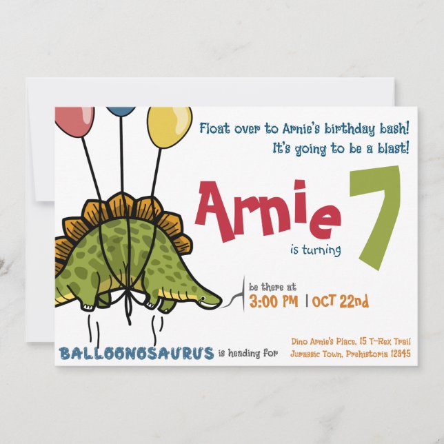 Balloonosaurus Birthday Bash! Stegosaurus Invitation (Front)