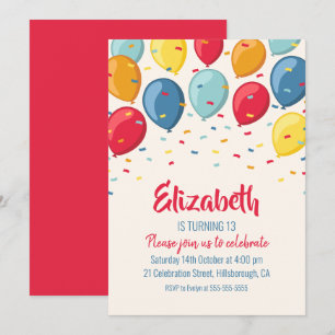 Balloons 13th Birthday Party   Kids Birthday Party Invitation