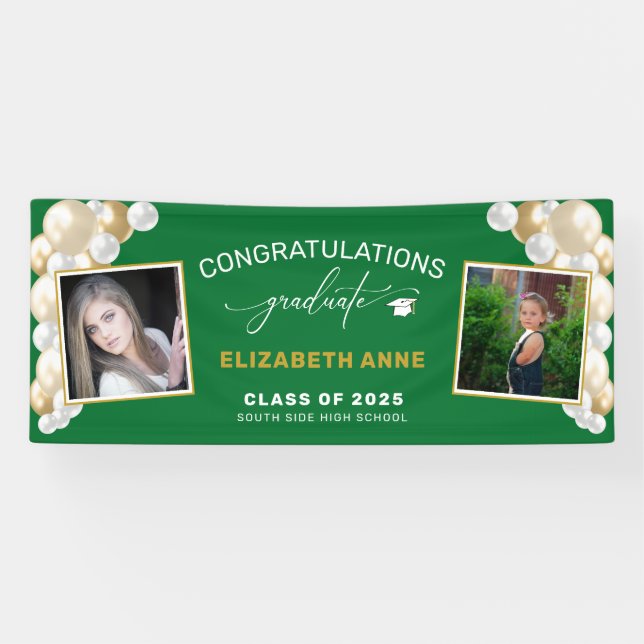 Balloons 2 Photos Green Congratulations Graduate Banner (Horizontal)