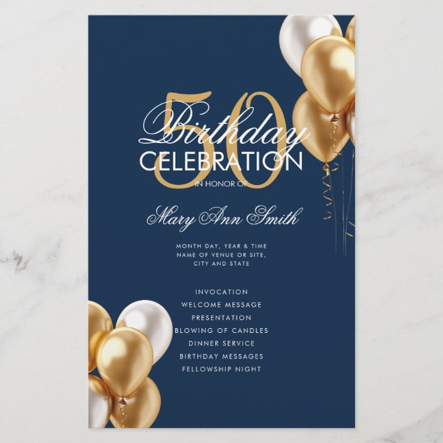 Balloons 50th Birthday Program Gold & Navy Menu (Front)