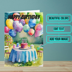 Balloons and Birthday Cake in Backyard Watercolor Card