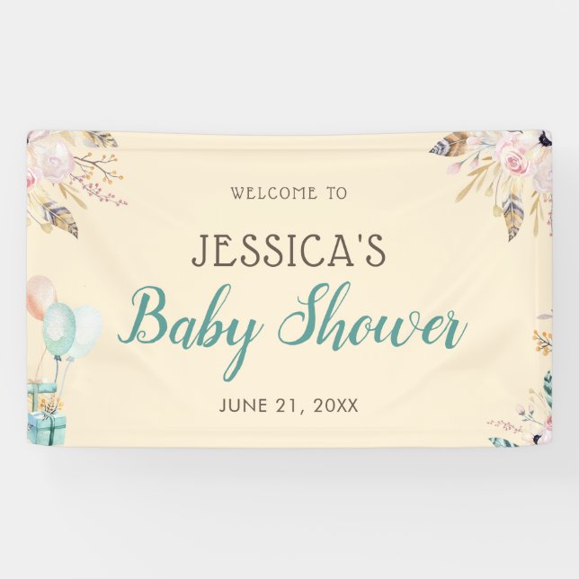 Balloons and Feathers Boho Baby Shower Banner (Horizontal)