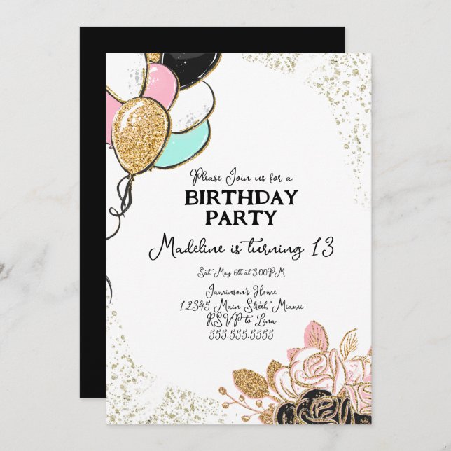 Balloons and Florals Pink Black Birthday Party Invitation (Front/Back)