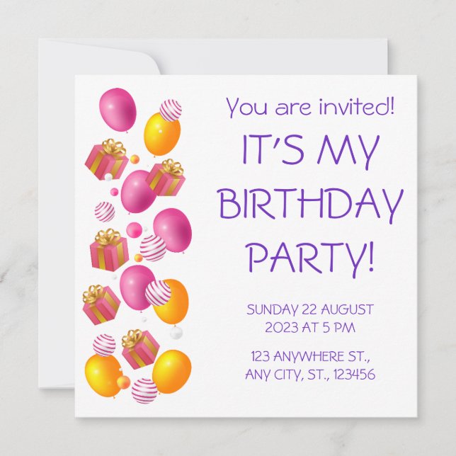 Balloons and gifts. Elegant birthday  Invitation (Front)