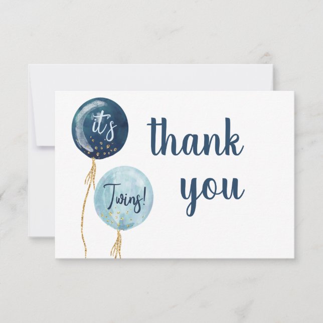 Balloons baby shower Boy twins thank you note card (Front)