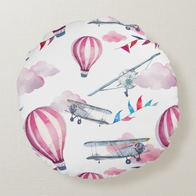Balloons & Biplanes Round Pillow (Back)