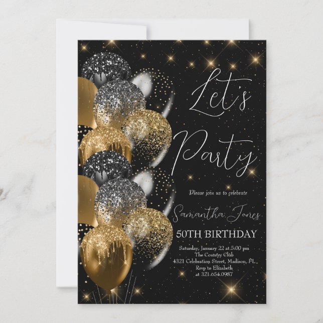 Balloons Birthday Black Gold Glitter Invitation (Front)