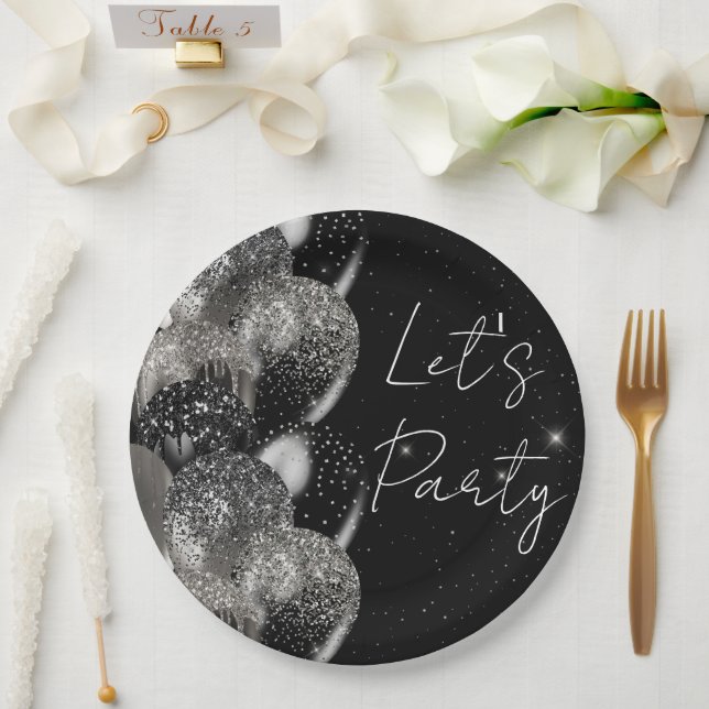 Balloons Birthday Black Silver Glitter Party Paper Plate (Wedding)