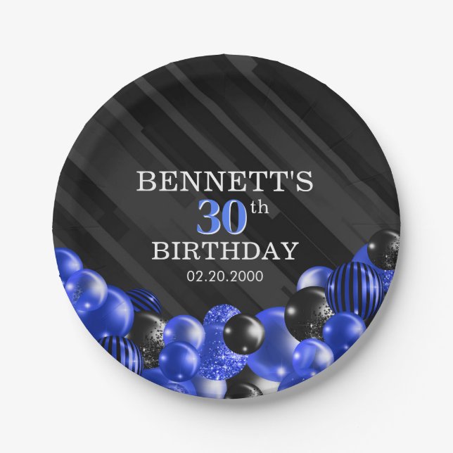 Balloons Black Blue Birthday Paper Plate (Front)