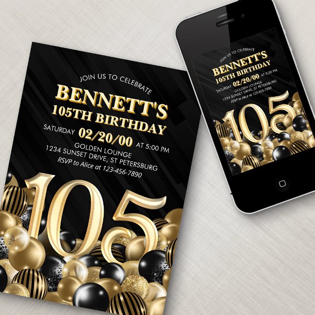Balloons Black Gold 105th Birthday Invitation (Creator Uploaded)