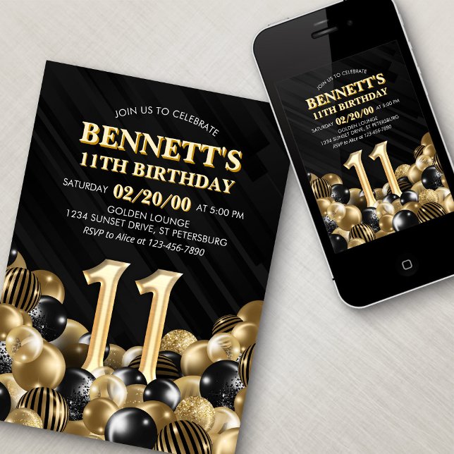 Balloons Black Gold 11th Birthday Invitation (Creator Uploaded)