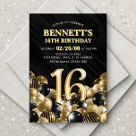 Balloons Black Gold 16th Birthday Invitation<br><div class="desc">Bunches and bunches of balloons—this design just doesn't hold back! Featuring bold numbers and elegant typography in a space that's literally overflowing with balloons, this design is an instant party-starter. The gold and black colour scheme and retro typography set a classic, stylish tone for your event. Perfect for the modern...</div>