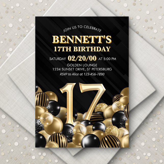 Balloons Black Gold 17th Birthday Invitation (Creator Uploaded)