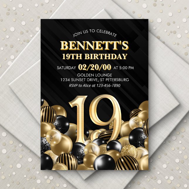 Balloons Black Gold 19th Birthday Invitation (Creator Uploaded)