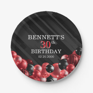 Balloons Black Red Birthday Paper Plate