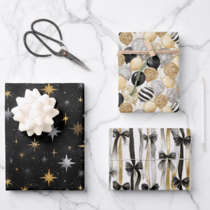 Balloons & Bows Gold Black Silver Christmas   Wrapping Paper Sheet