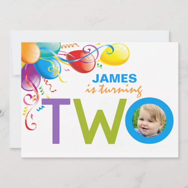 Balloons Boy Two Birthday Party | Photo Invite (Front)