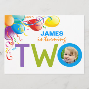 Balloons Boy Two Birthday Party   Photo Invite