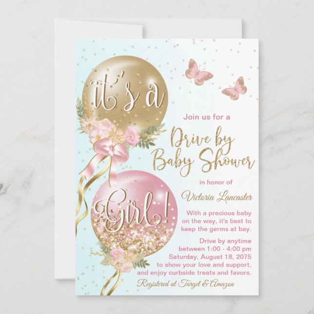 Balloons Butterflies Covid Drive By Baby Shower Invitation (Front)