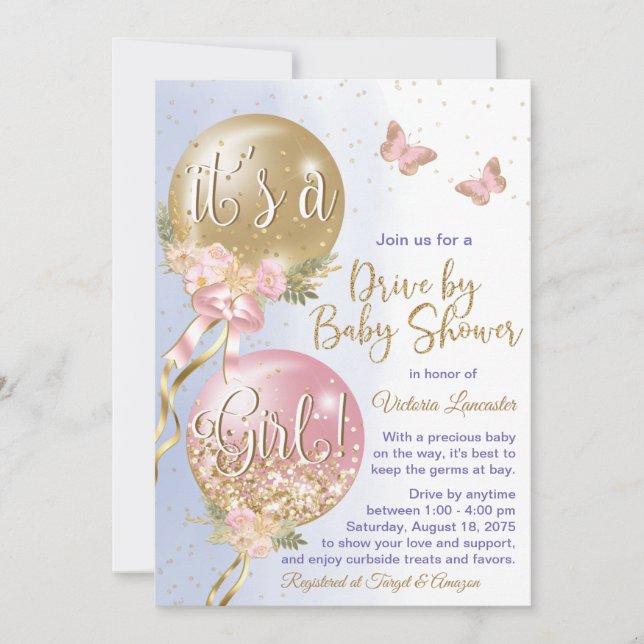 Balloons Butterfly Covid Drive By Baby Shower Invitation (Front)