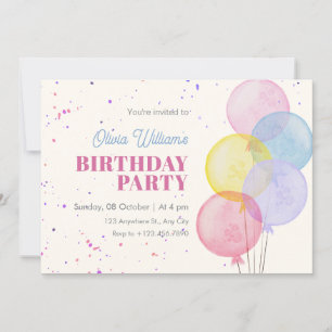 Balloons Colourful pastel watercolor birthday Invitation