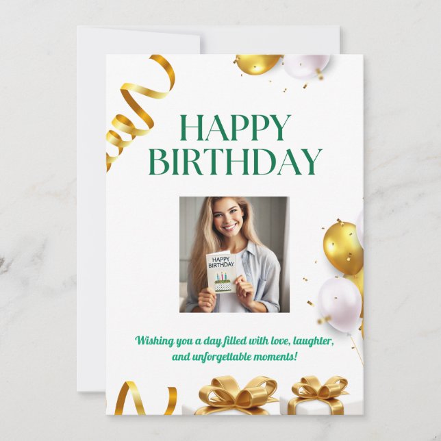 Balloons d'or Carte d'anniversaire avec cadeaux et (Devant)