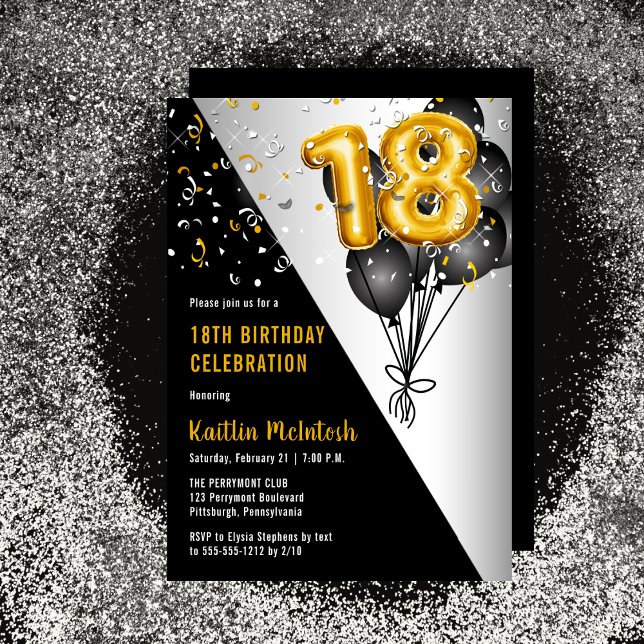 Balloons Elegant Black | Gold 18th Birthday Party Invitation (Balloons Elegant Black, Gold and Silver Tone 18th Birthday Party Invitation)