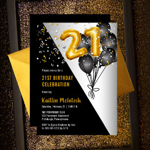Balloons Elegant Black   Gold 21st Birthday Party Invitation