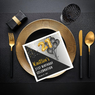 Balloons Elegant Black   Gold 21st Birthday Party  Napkin